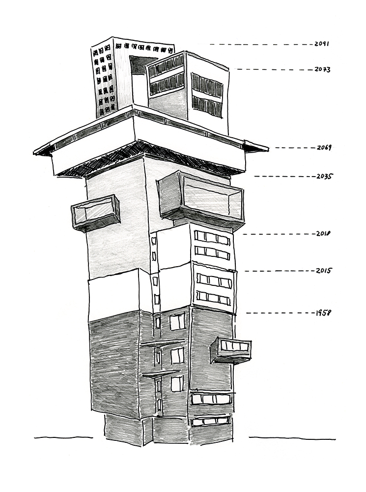 Daniela Brahm "Aufstockungen des ExRotaprint Betonturms bis 2091" 2013 ink and pencil on paper, 21 x 29.7 cm