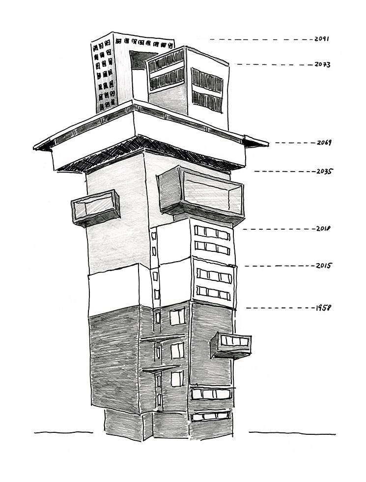 Daniela Brahm "Aufstockungen des ExRotaprint Betonturms bis 2091" 2013 ink and pencil on paper, 21 x 29.7 cm