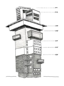 Daniela Brahm "Aufstockungen des ExRotaprint Betonturms bis 2091" 2013 ink and pencil on paper, 21 x 29.7 cm