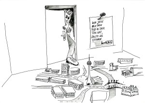 Daniela Brahm "Wer jetzt noch den Fuß in der Tür hat, sollte sie öffnen... BE BERLIN" 2015 ink and pencil on paper, 21 x 29.7 cm