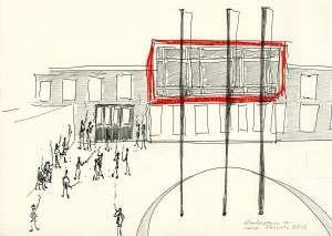 Daniela Brahm "Raucherpause vor neuer Fassade / cigarette break in front of newly restored façade" 2013 ink and pencil on paper, 21 x 29.7 cm