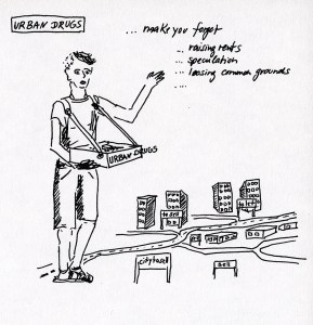 Daniela Brahm "Urban drugs ... make you forget raising rents, speculation, loosing common ground" 2015 ink and pencil on paper, 21 x 29.7 cm