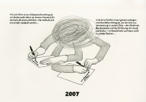 Daniela Brahm "2007 – signing two contract, the heritable building right contract and the ExRotaprint partnership agreement" 2013 ink and pencil on paper, 21 x 29.7 cm