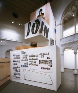 Daniela Brahm Highrise, 2005 spatial structure of scaffolding and plywood combining backstage material, text and paintings