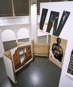 Daniela Brahm Highrise, 2005 spatial structure of scaffolding and plywood combining backstage material, text and paintings