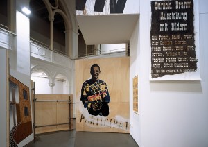 Daniela Brahm Highrise, 2005 spatial structure of scaffolding and plywood combining backstage material, text and paintings