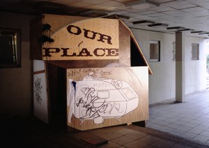 Daniela Brahm Recycling Utopia, 2006 a hut in a public passageway build out of the paintings remaining from the installation "The New Town" in Zamosc, approx. 3.3 x 3.5 x 2.5m